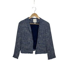 Joie Women's Size Small Blue White Tweed Fringe Cotton Blend Lightweight Blazer